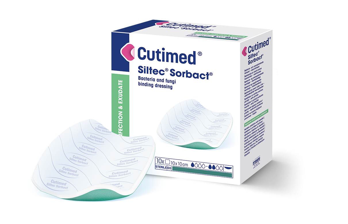 Packaging of Cutimed Siltec Sorbact with a dressing beside it