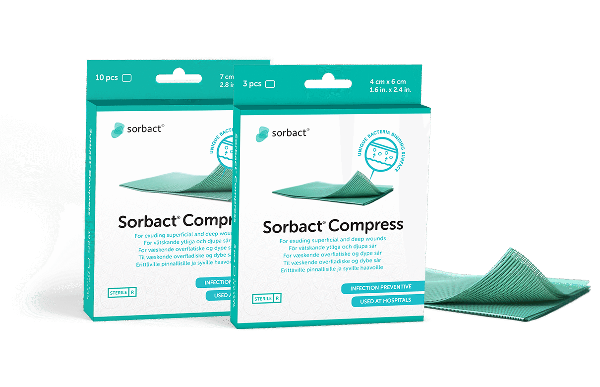 Packages of Sorbact Compress with a dressing beside them