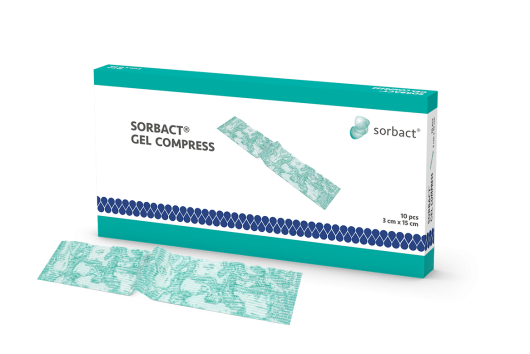 Packaging of Sorbact Gel Compress with a dressing beside it