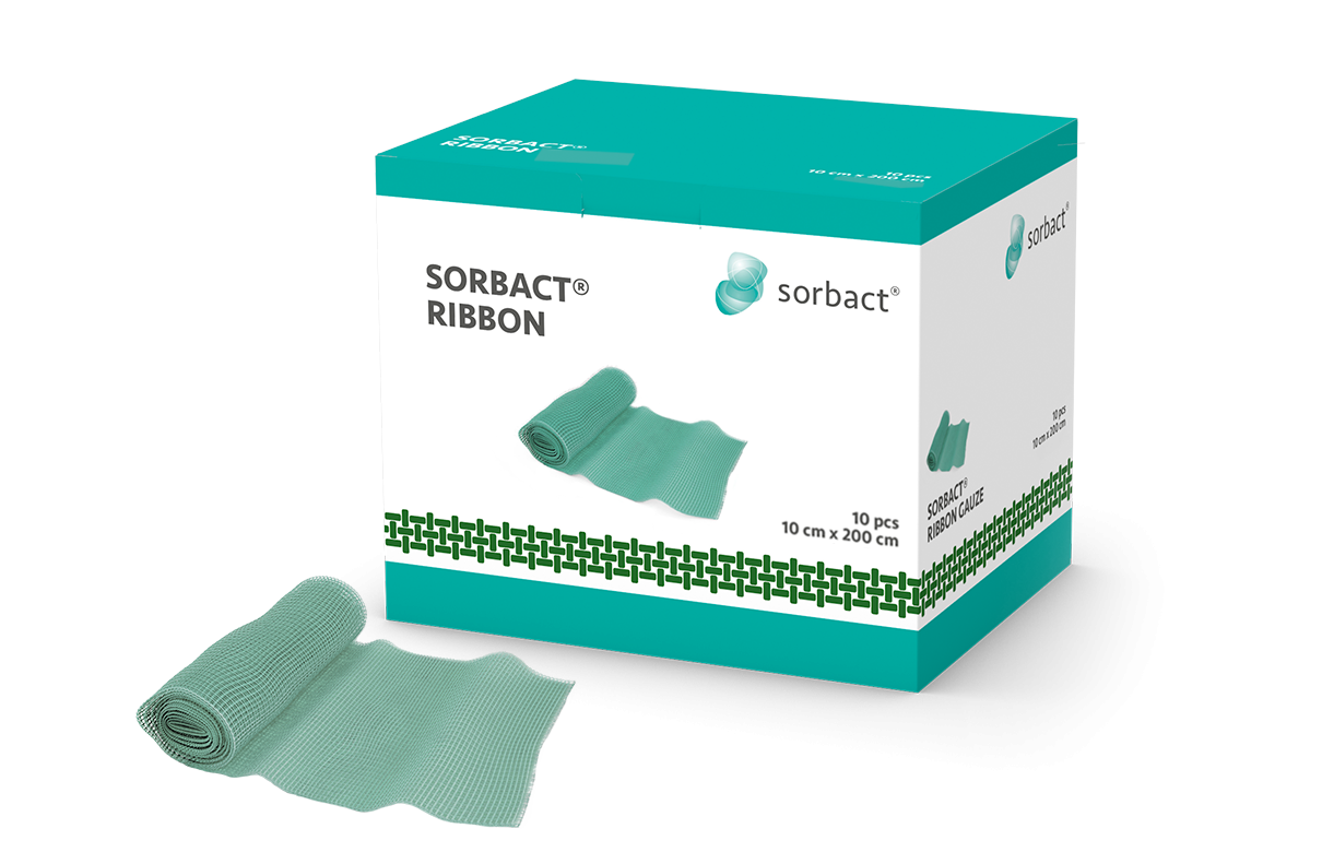Packaging of Sorbact Ribbon with a dressing beside it
