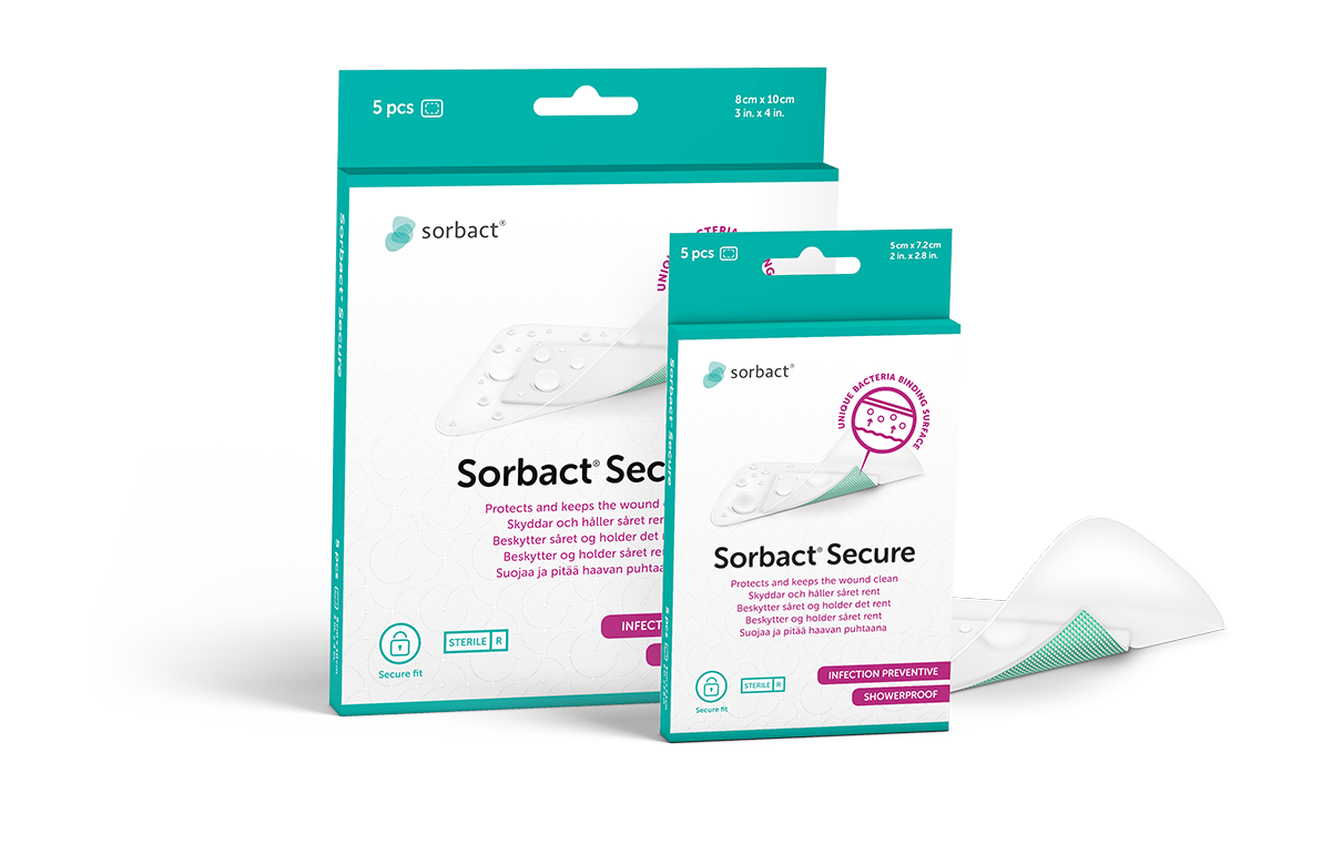 Packages of Sorbact Secure with a dressing beside them