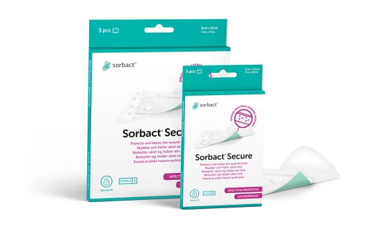 Packages of Sorbact Secure with a dressing beside them