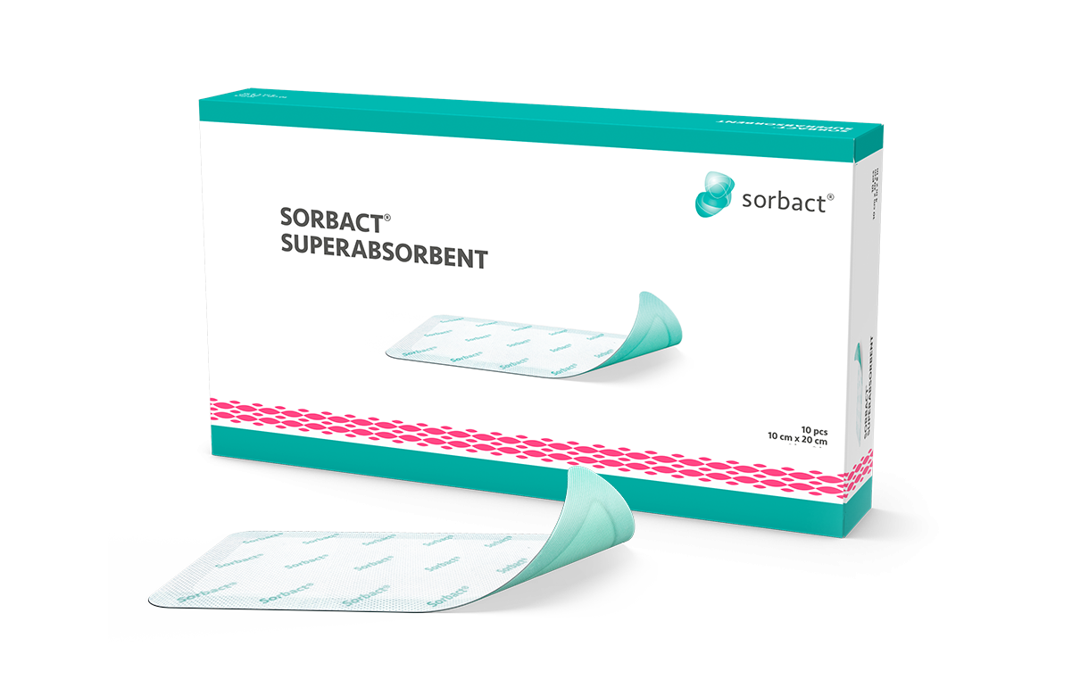 Packaging of Sorbact Superabsorbent with a dressing beside it