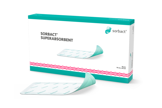 Packaging of Sorbact Superabsorbent with a dressing beside it