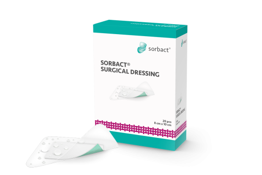 Packaging of Sorbact Surgical Dressing with a dressing beside it